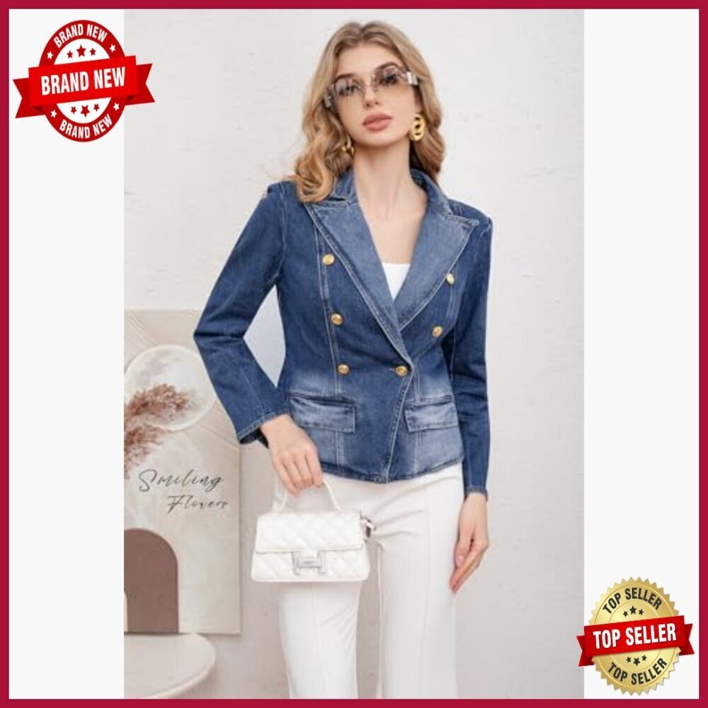 Slim Fit Denim Blazer Long Sleeve Double Breasted Notched Lapel Jacket - Picture 6 of 7